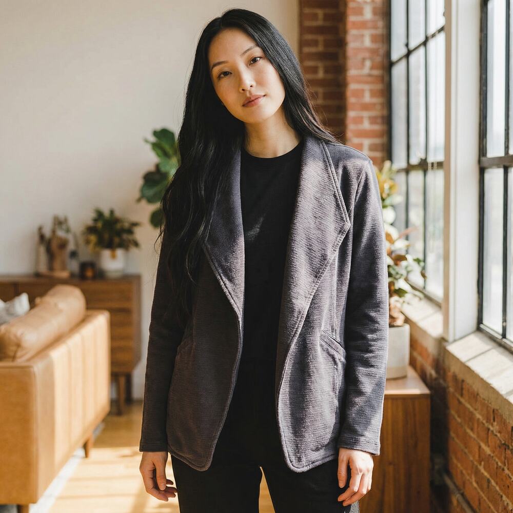 Caslon Gray Knit Blazer Jacket Women’s L Open Front 100% Cotton Pockets Office